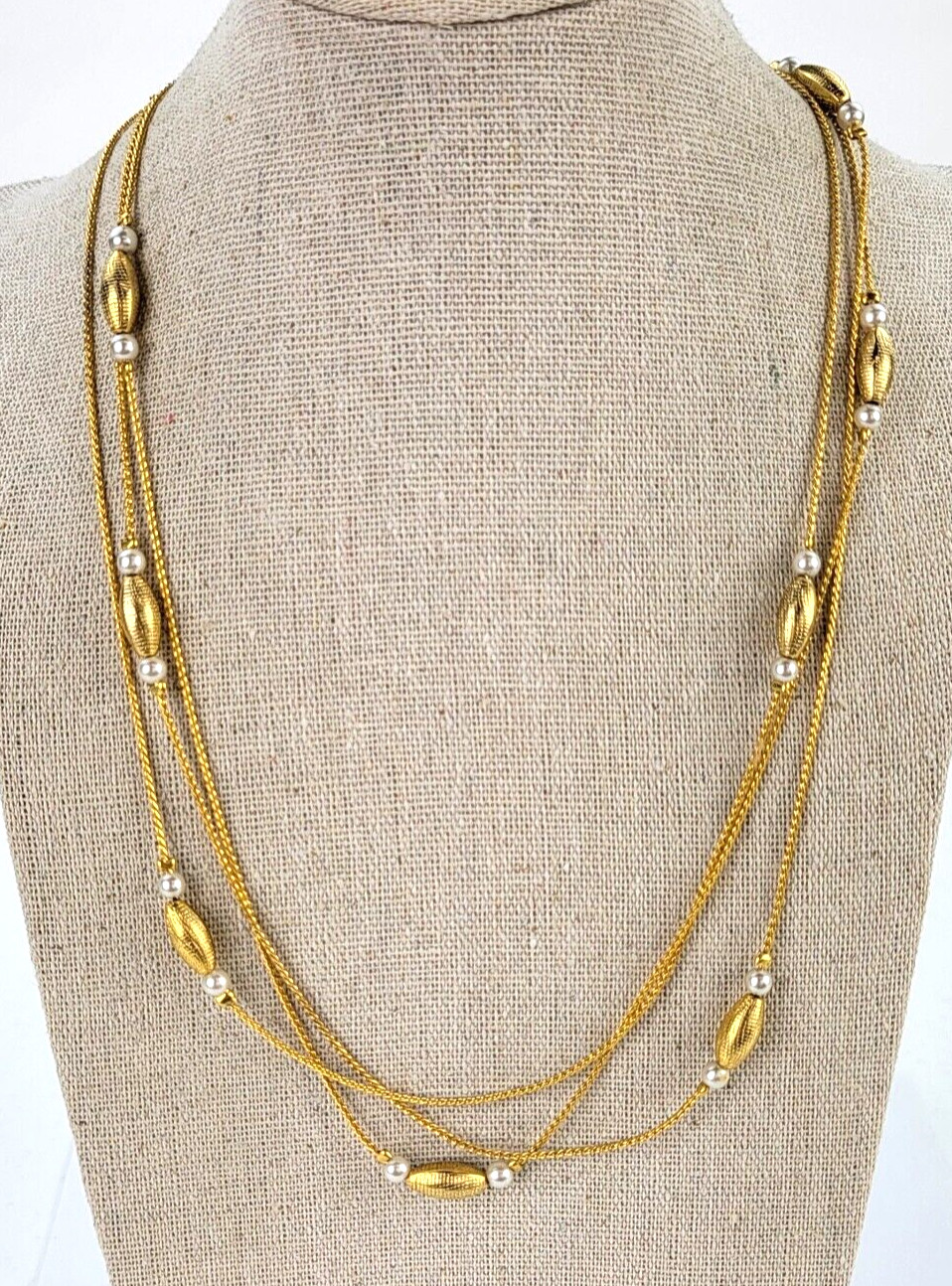 Gold -Tone Oval Bead And White Faux Pearl Charm Station Necklace 29.5 in