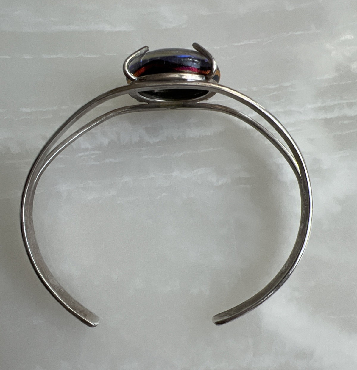 Vintage Sterling Silver Purple & Blue Art Glass Cuff Bracelet