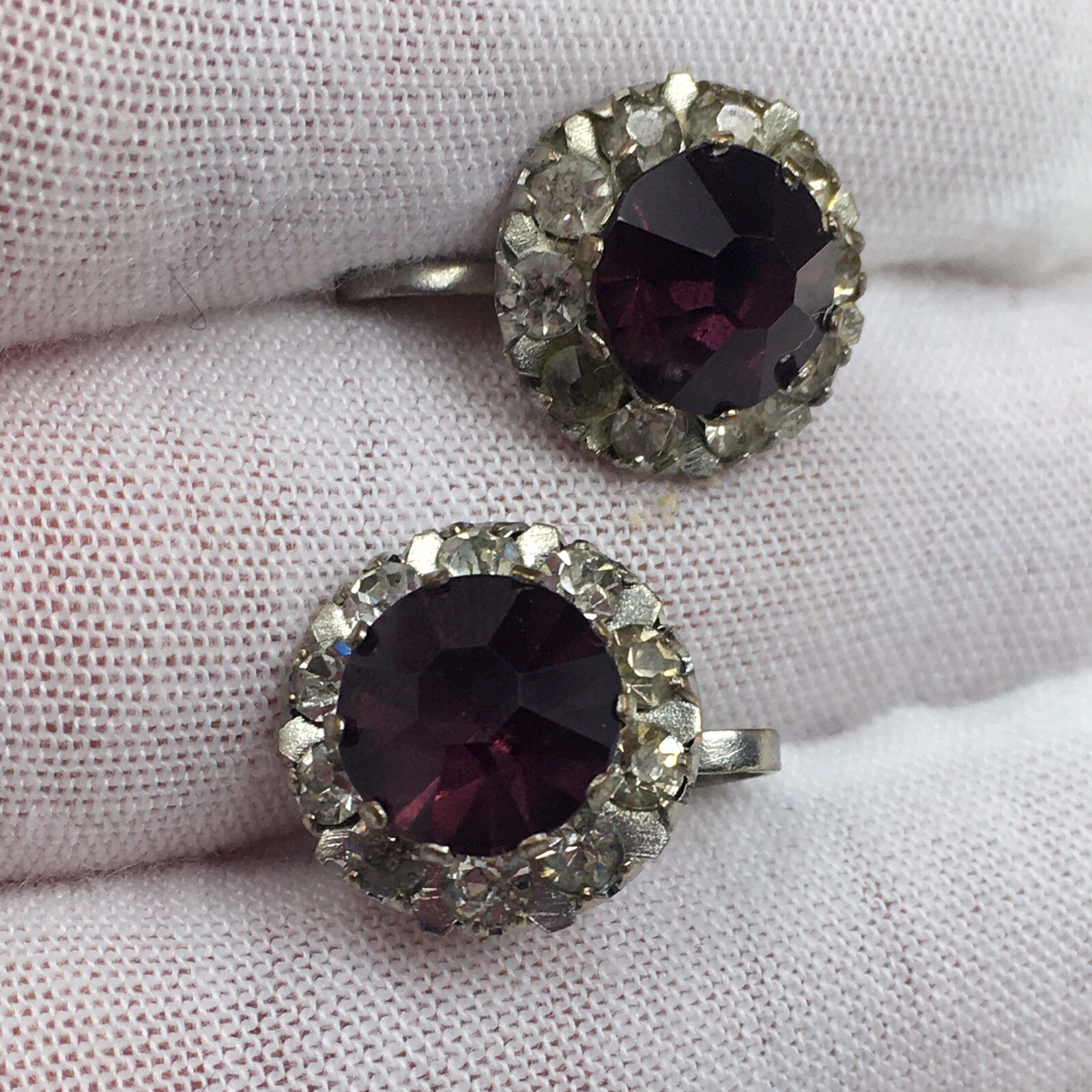 Vintage Purple & Clear Glass Rhinestone Screw Back Earrings