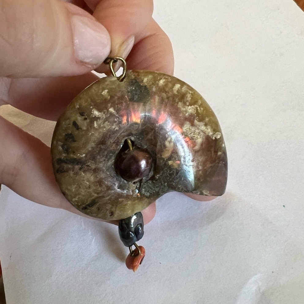2.5″ Rainbow Ammonite Fossil Shell Pendant w/ Natural Black & Red Pearl Accents