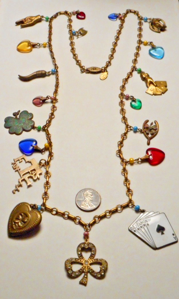 Vintage Glass Works Studio Brass Chain Necklace w 19 assorted Charms 30″ L
