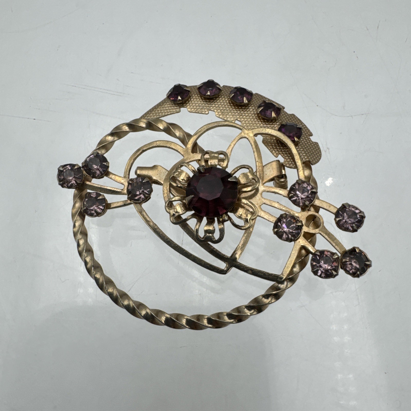 Vintage Gold Tone Heart Brooch with Purple Rhinestones