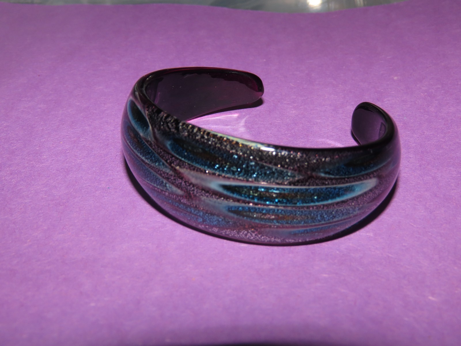 PURPLE PEACOCK CUFF BRACELET 7″ VINTAGE MURANO ITALIAN ART GLASS
