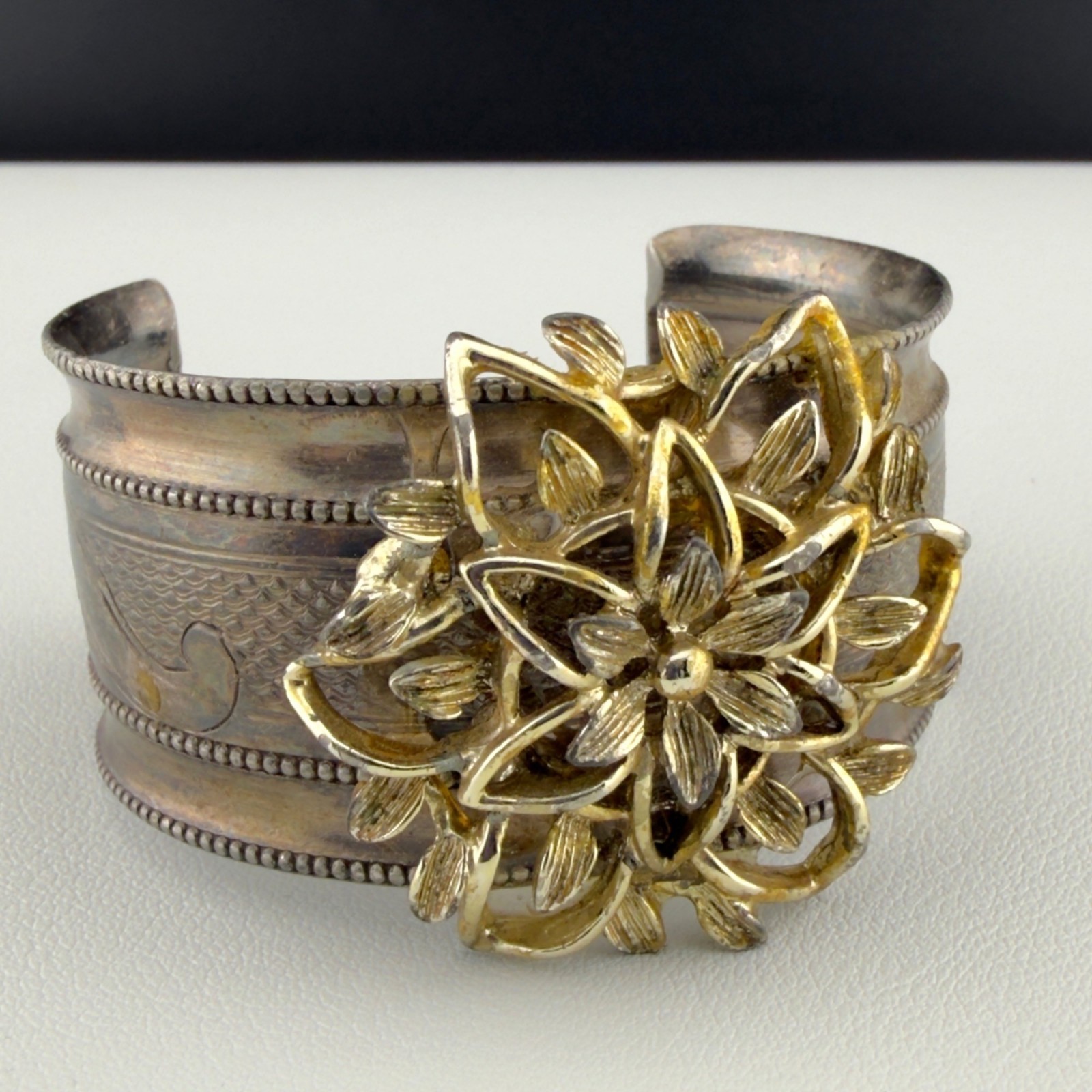 Vintage Cuff Statement Bracelet Aged Gold Tone Flower Silver Tone Patina Wide