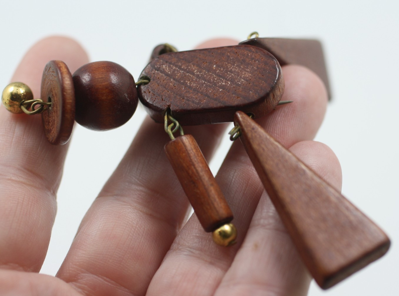 Vintage Wood Wooden Jointed figural man person brass bead Pin Brooch