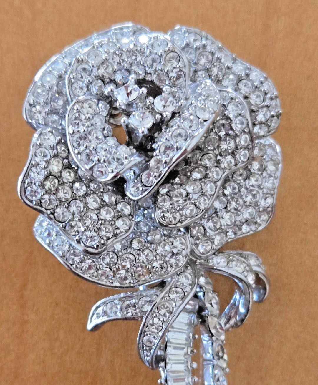 STUNNING VTG. NOLAN MILLER “SOPHIA” PAVE & BAGUETTE ROSE FLOWER BROOCH-Ltd. ED.