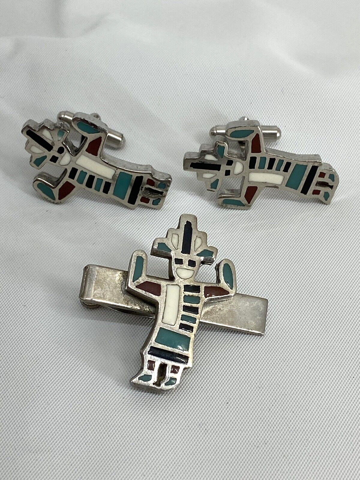 Vintage Zuni Kachina Dancer Cuff Links Tie Clip Inlaid Stones Silver Tone Set