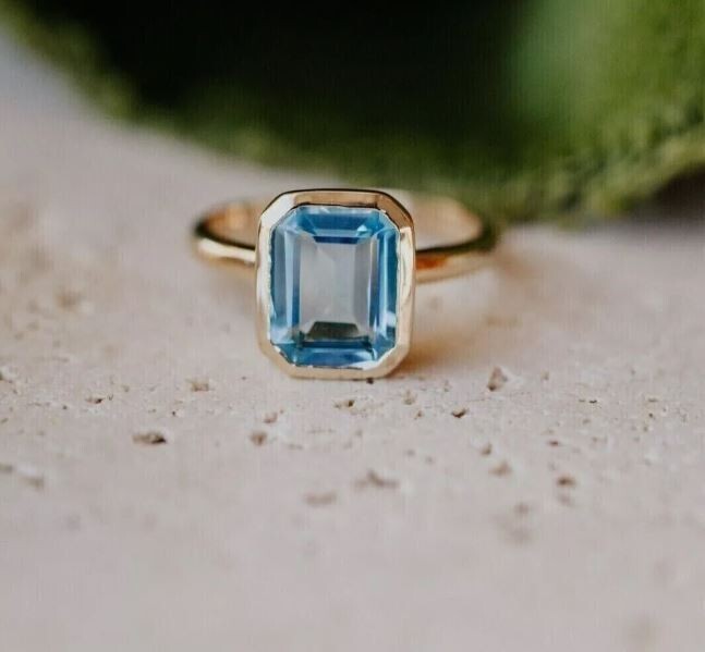 14k Gold Plated 2.00Ct Emerald Lab Created Blue Aquamarine Bezel Engagement Ring