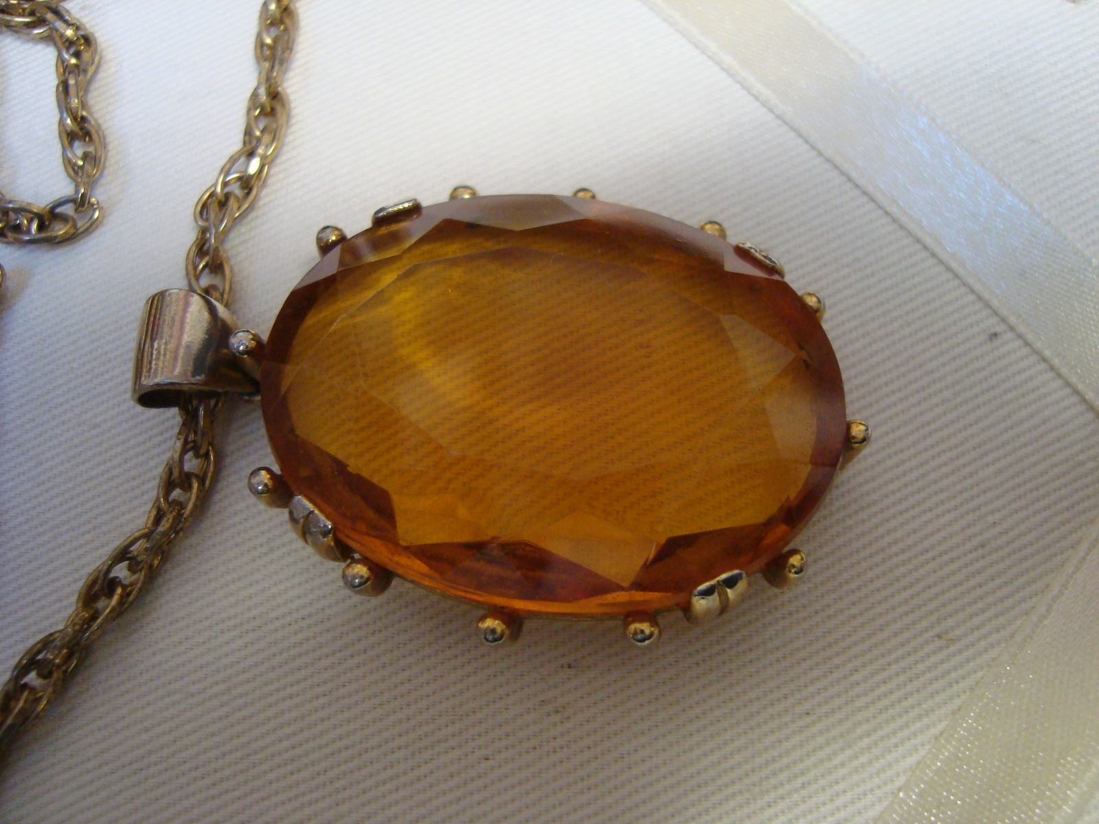ANTIQUE CUSHION CUT CZECH GLASS PENDANT & CHAIN – FACETED TRANSPARENT TOPAZ