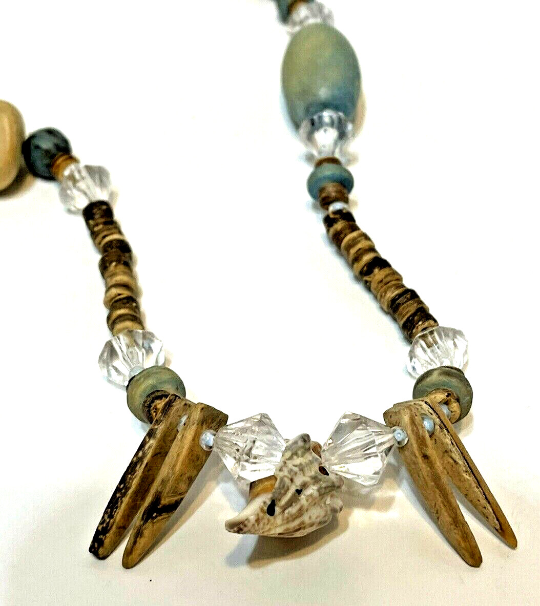 Womens Necklace Wood and Glass Beads Shells Slip Over 27 Inches Multicolor