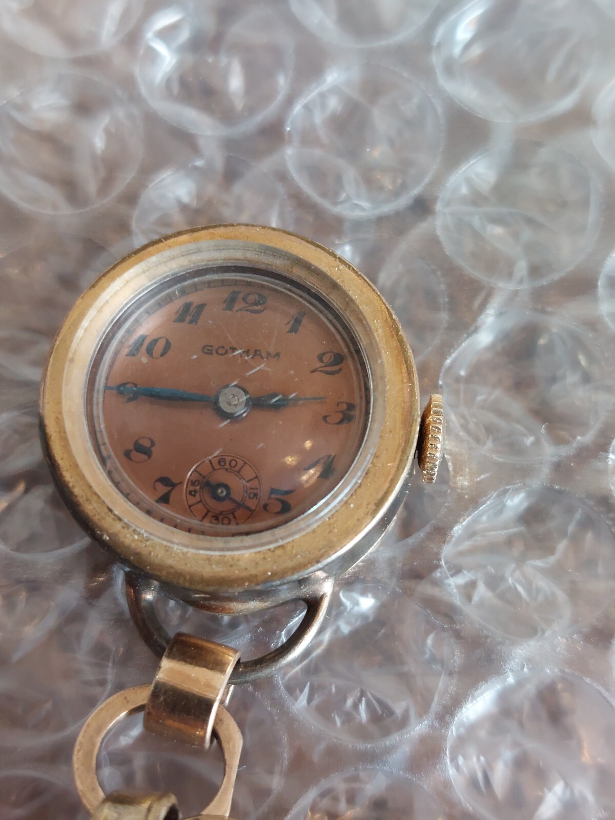 Vintage Gotham Manual Brooch Pin Watch 7 Jewels Copper Face Works 1/20 12k GF