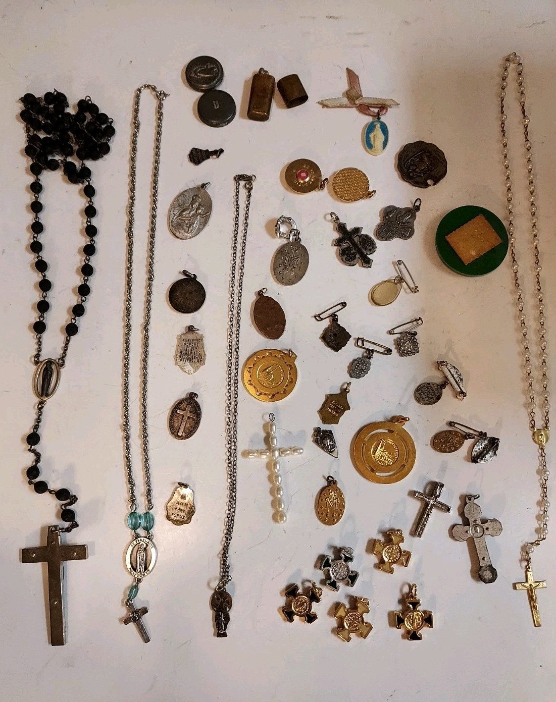 Huge Religious Lot Cross Rosary Beads Small Silver Pin Charms Mixed Lot 40 Pcs.