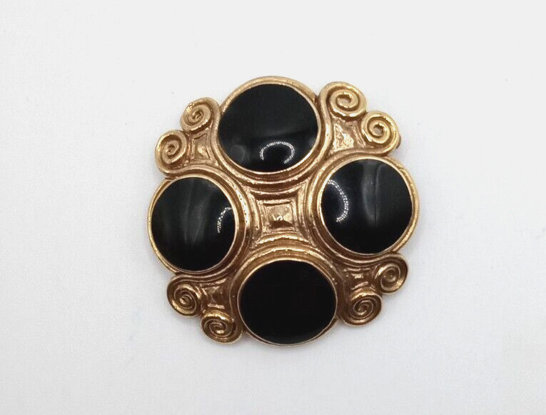 Vintage Orena Paris gold tone black semi cabochon brooch 2 x 2″