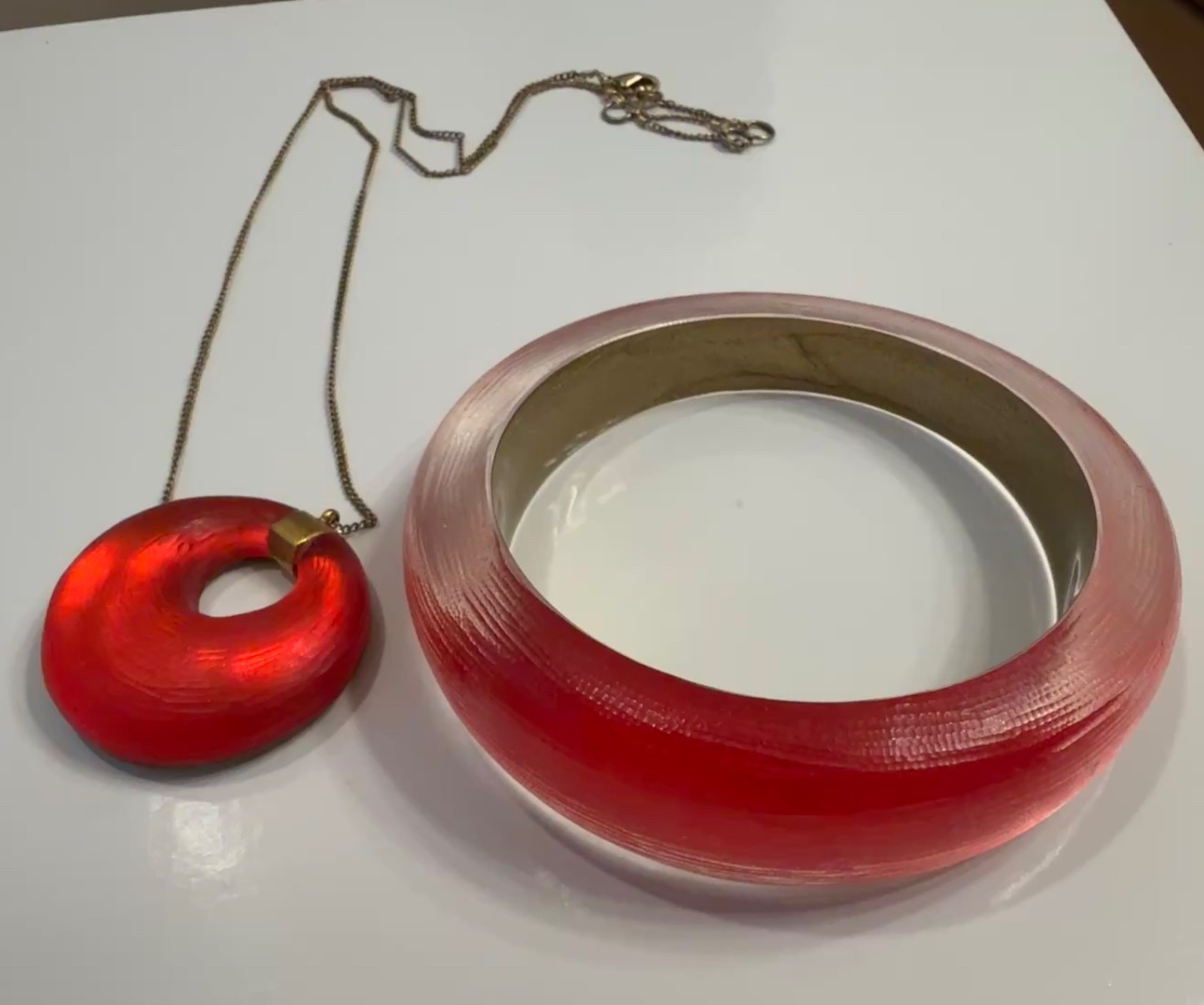 Vintage Alexis Bittar Hand Carved Red Lucite Necklace Bracelet