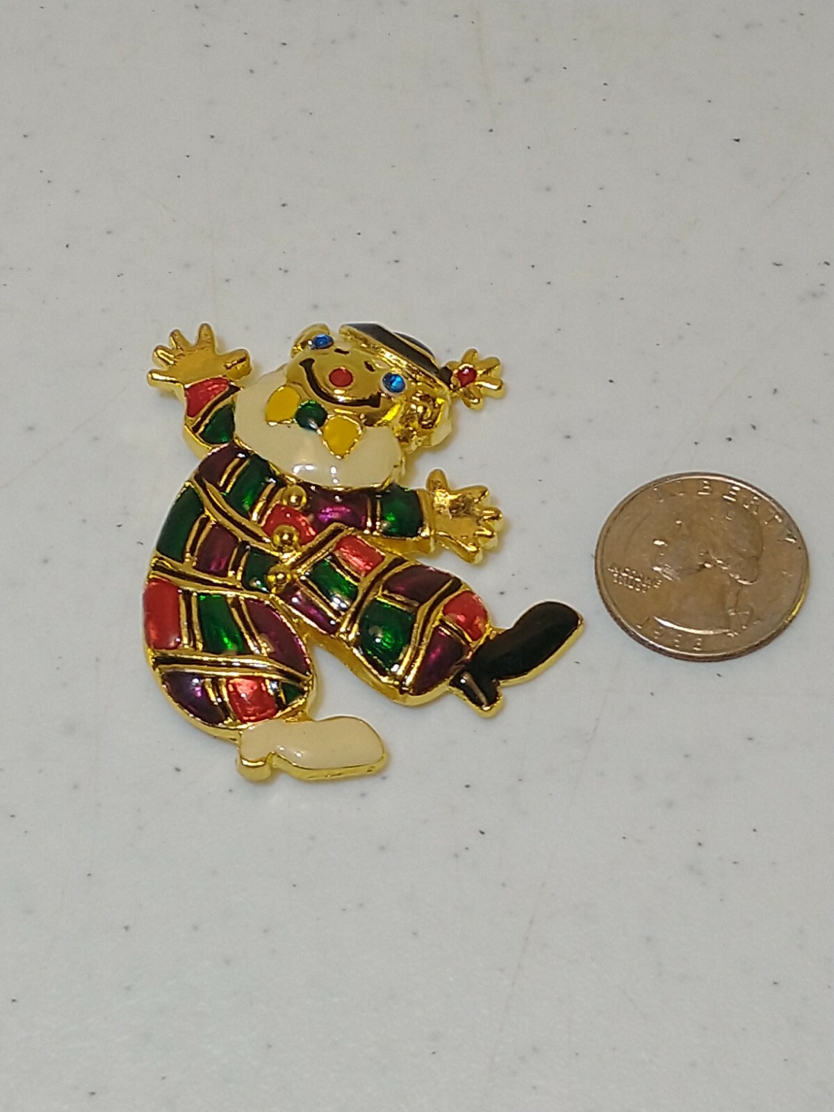NOS Gold Tone Clown Pin Brooch with Red Blue Green Purple Yellow White Enamel