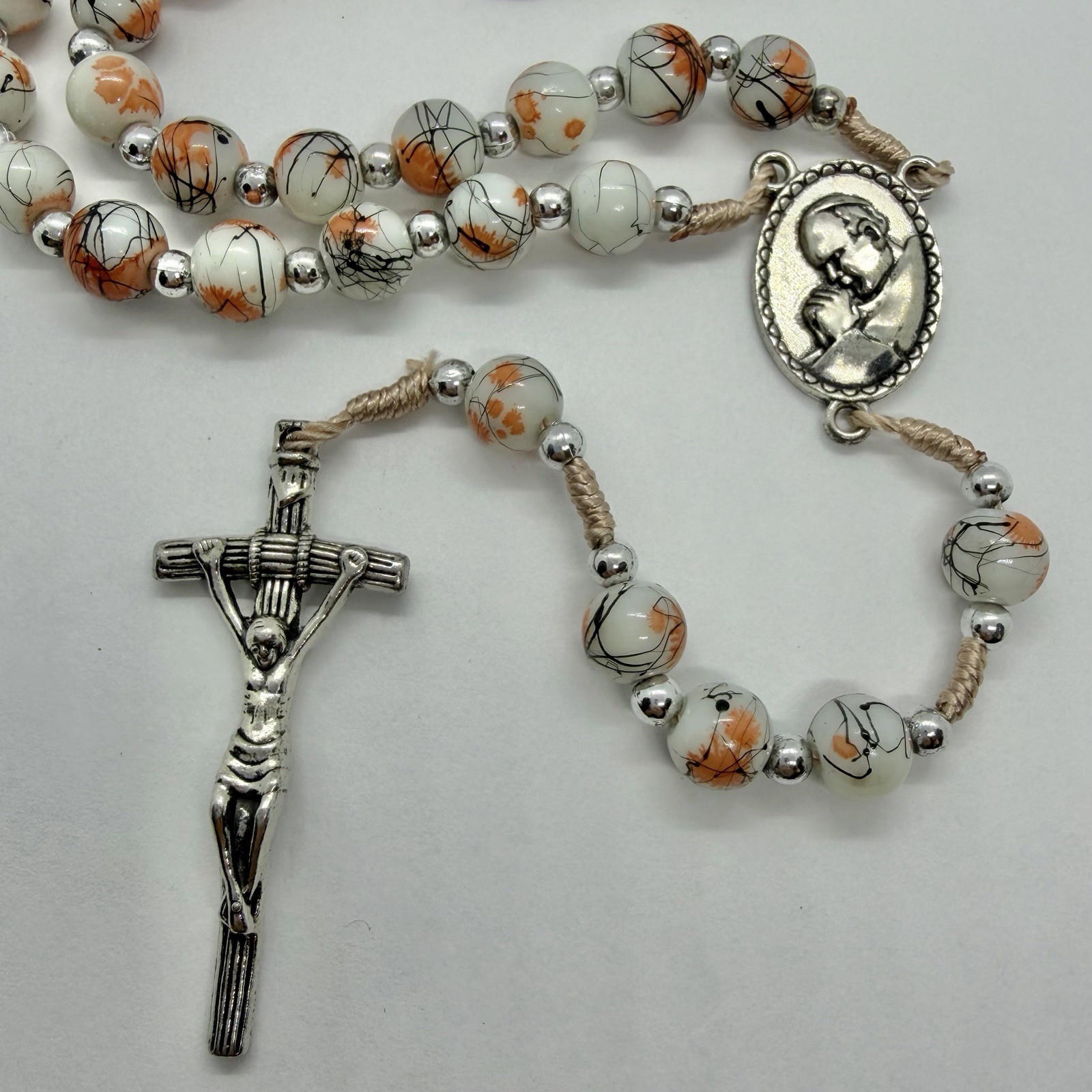 Vtg Catholic Religious Orange Rosary Glass Beads Necklace Silvertone Prayer