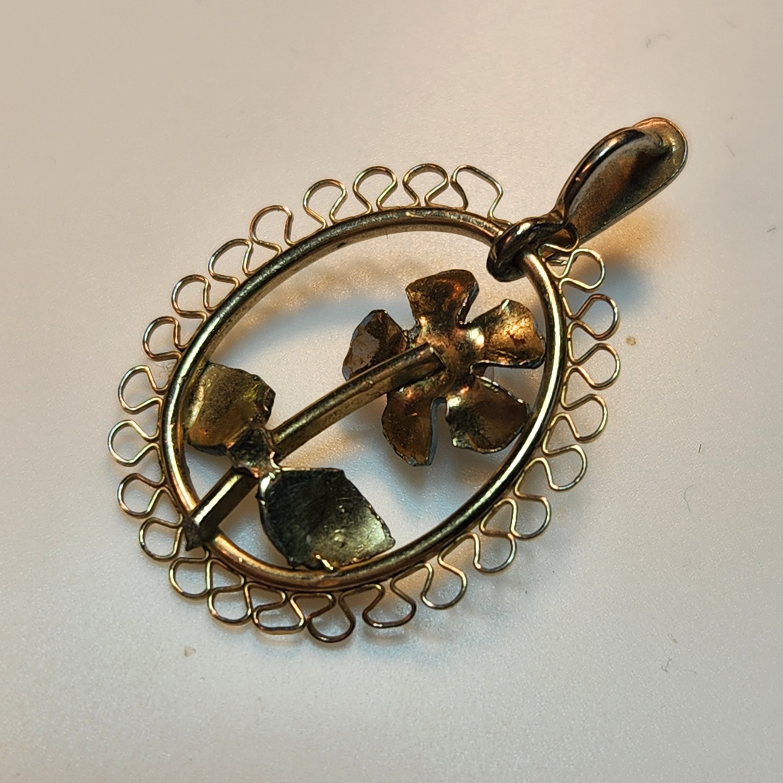Vintage Enamel Pendant Forget Me Not Pearl Goldtone Metal Filigree Frame 1″