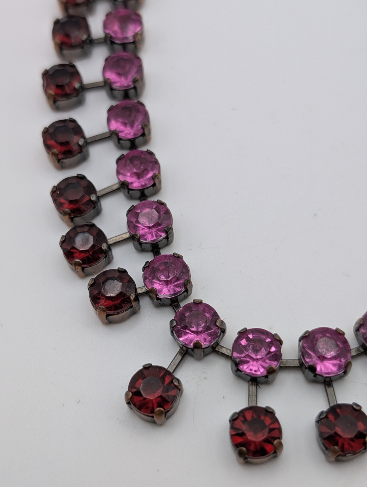 Vintage Rhinestone Fringe Necklace Pink Red Crystal Gunmetal Statement