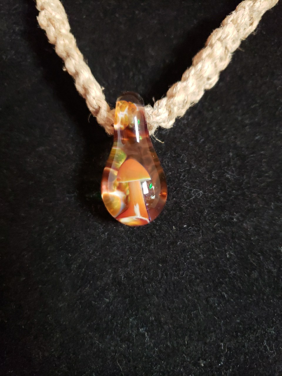 Vintage Blown Glass Hippie Mushroom Pendant Hemp Rope Necklace BOHO 15″Tie Back