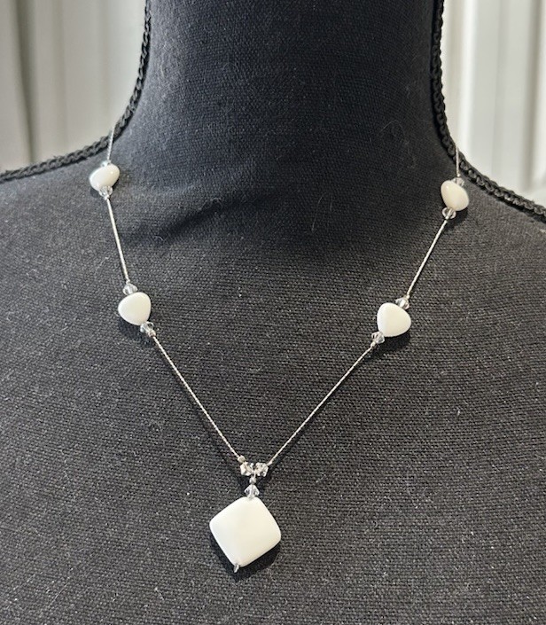 STERLING WHITE GEMSTONE RHOMBUS PENDANT & STATION HEARTS W/CRYSTALS NECKLACE