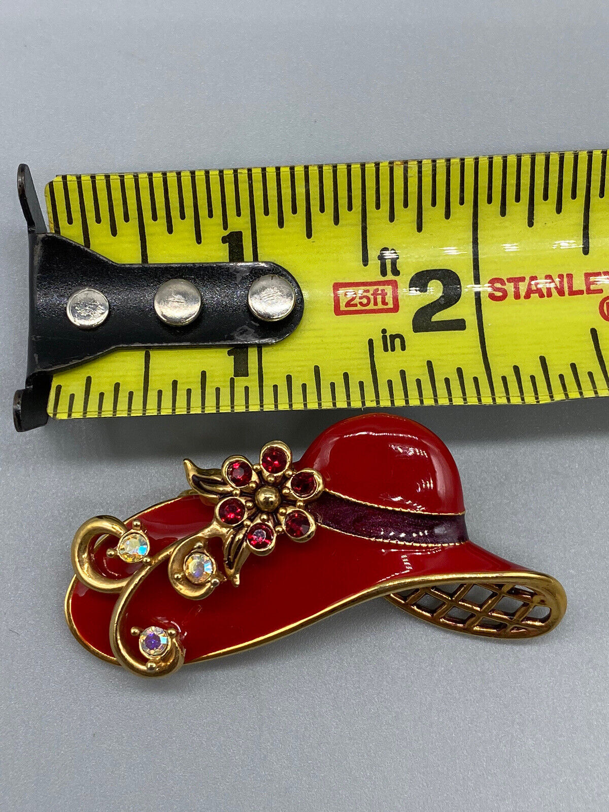 Vintage 1960s Brooch Pin Lapel Lady Hat Red Enamel Rhinestone Gold Tone