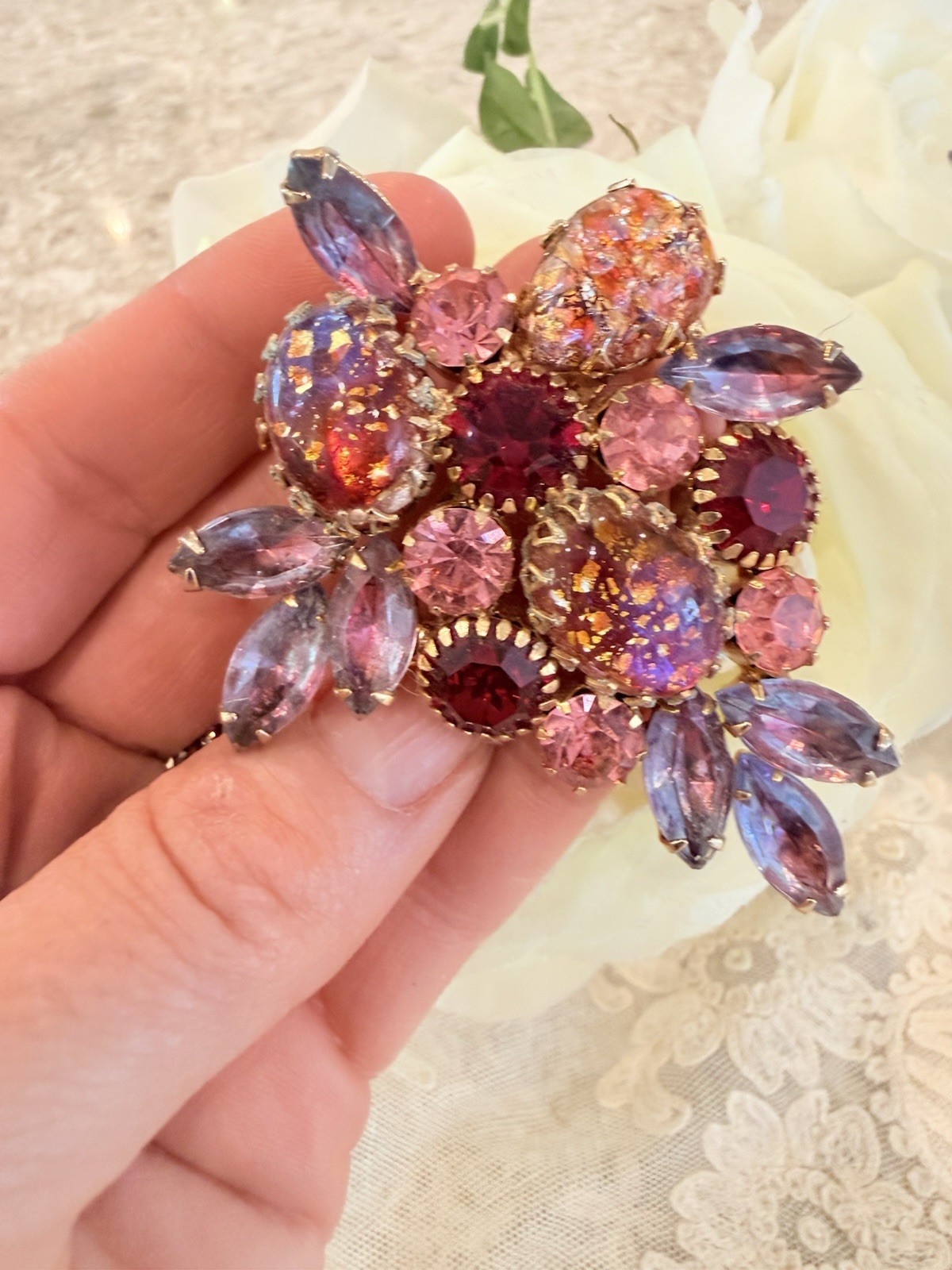Juliana Style Brooch Pin Pink Red Purple Stones Rhinestone Gold Tone Vtg