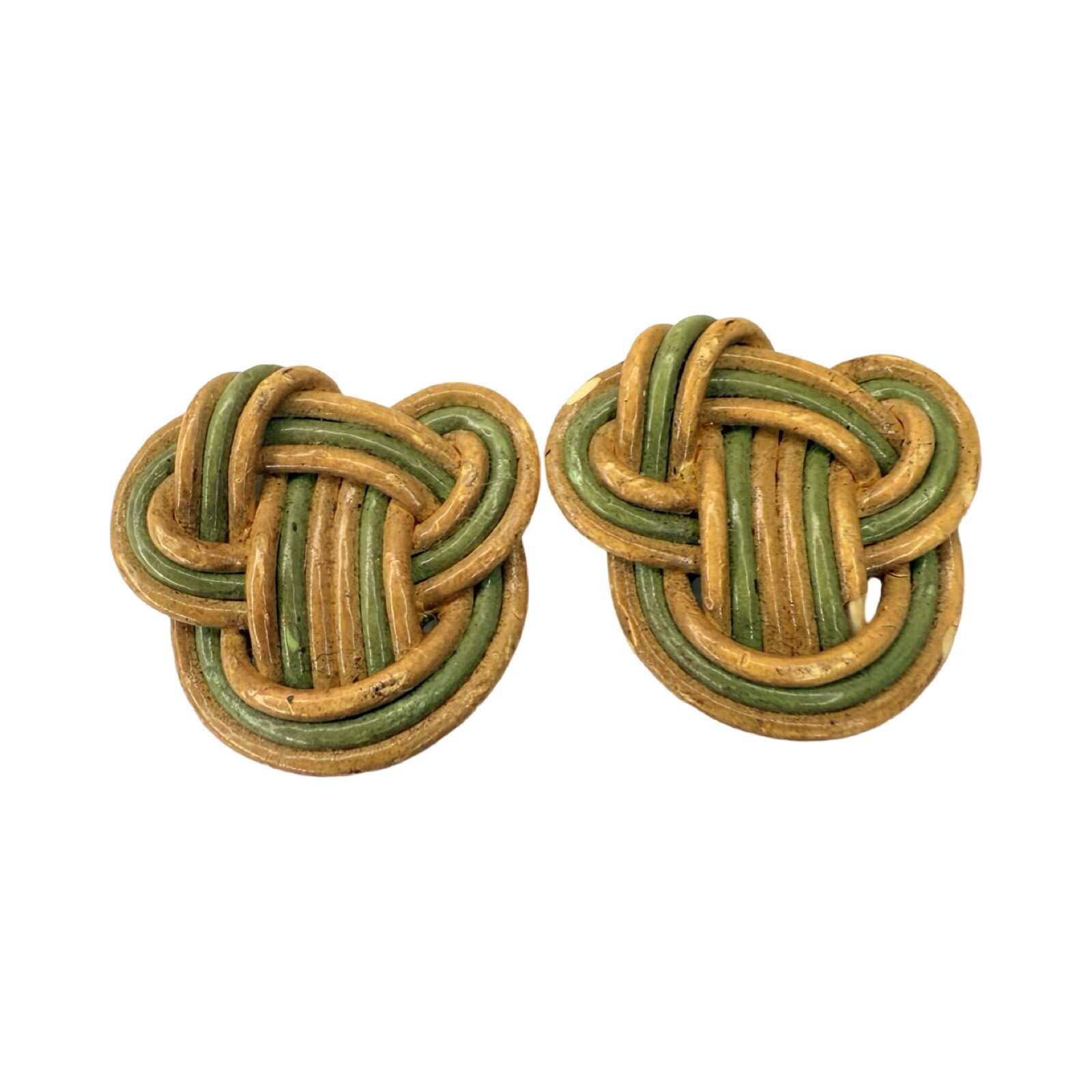Green And Tan Wicker Knot Screw Back Earring Retro Boho Chic
