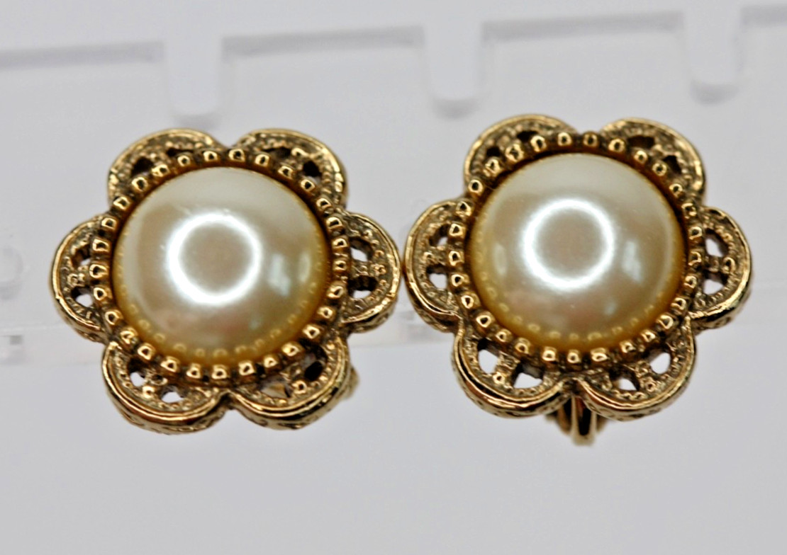 1928 Brand Faux Pearl Cabochon Earrings Ornate Victorian Revival Flower Clip on
