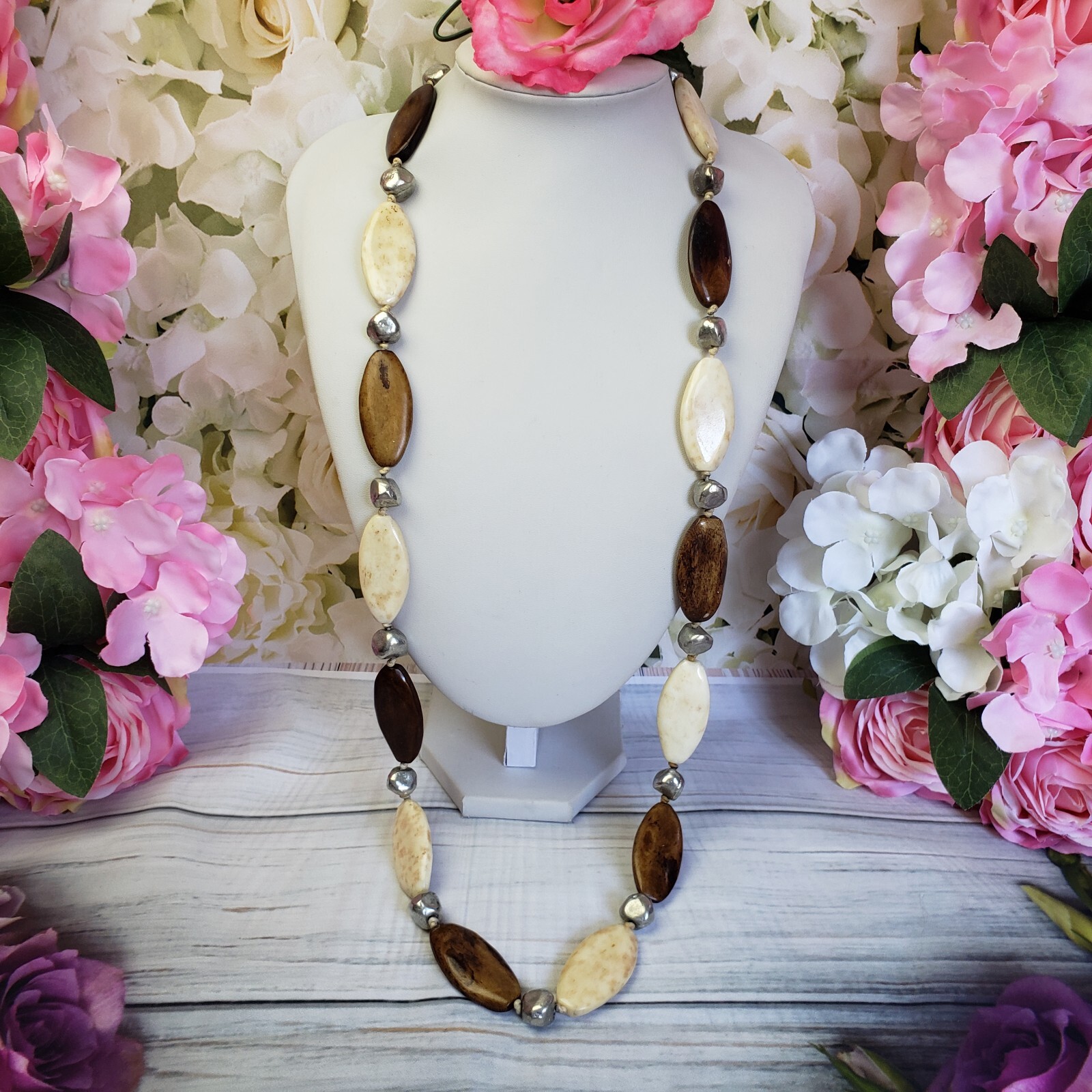 Artisan White & Brown Beaded Long Silver Tone Necklace