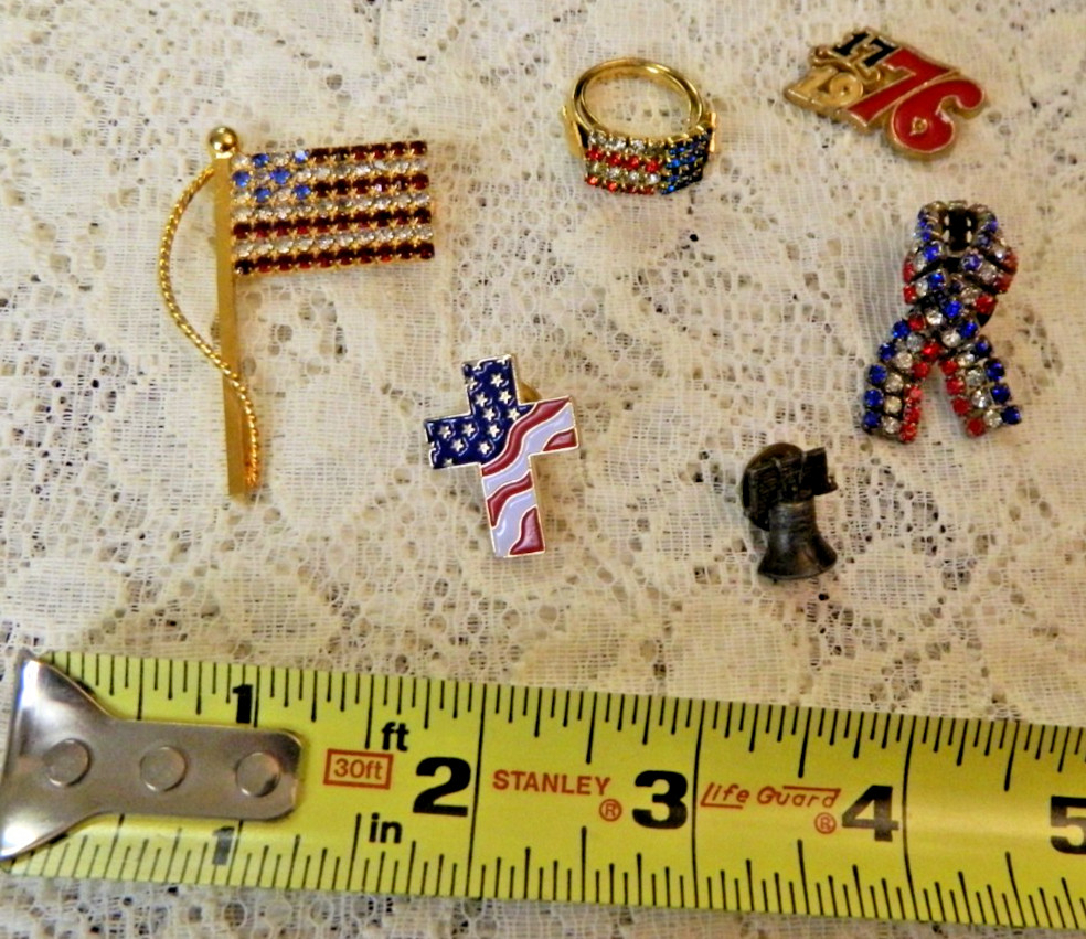 Patriotic America USA Rhinestone Lot – Brooch Pins Flag & Bow Ribbons & Liberty