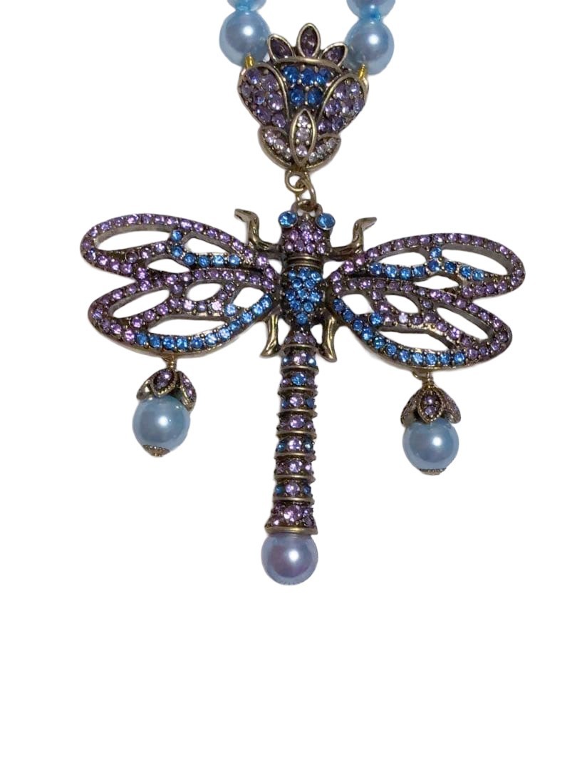 Heidi Daus Dragonfly Necklace Pendant Beaded Rhinestone Drop Charm L-45cm