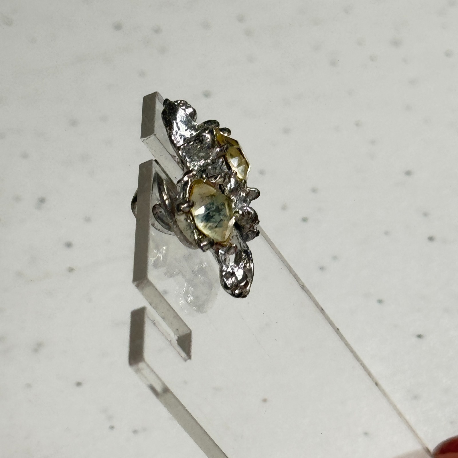 Vintage Brooch Abstract Brutalist Silver Tone Yellow Rhinestone Modernist Pin