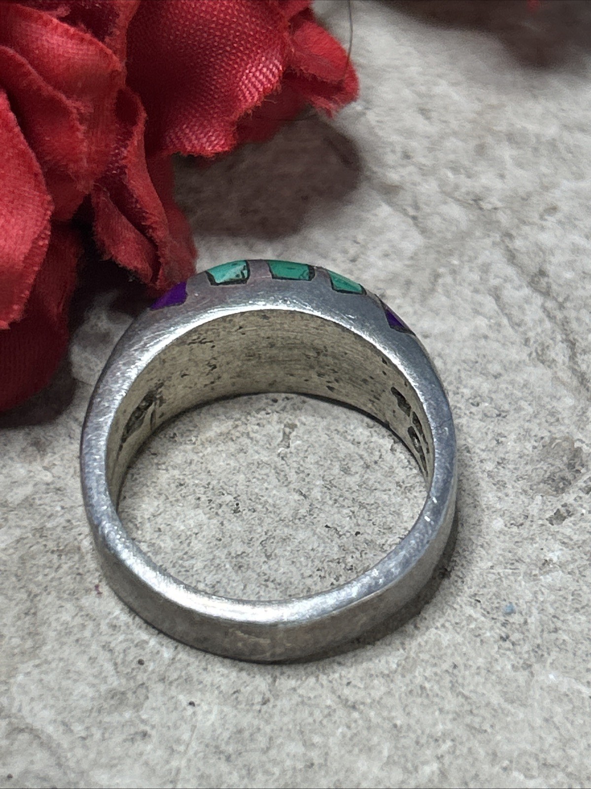 50. Vintage TAXCO Sterling 925 Green Purple Stone Inlay Ring 8.25s, 10.8g, Mex