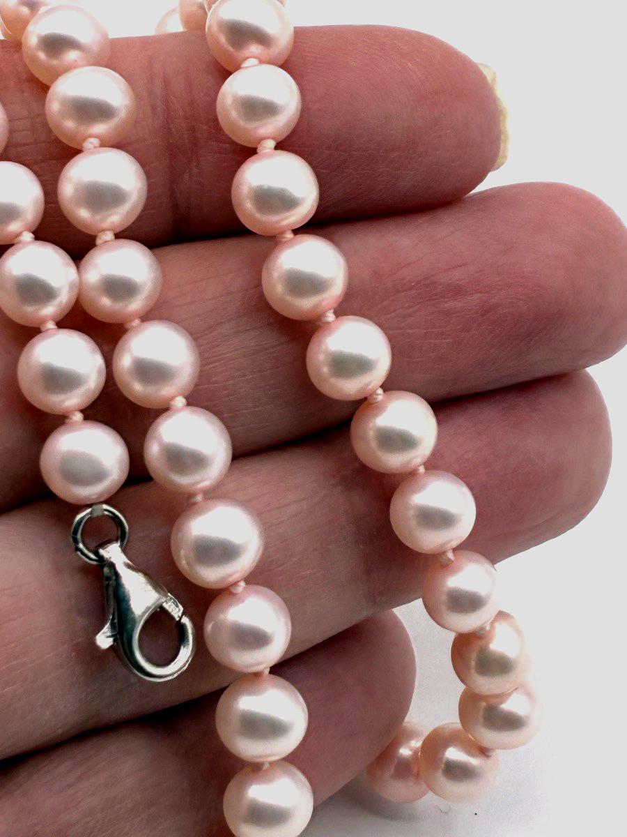 Vintage Pink Pearls Hand Knotted Sterling Silver Lobster Clasp 17″ Necklace
