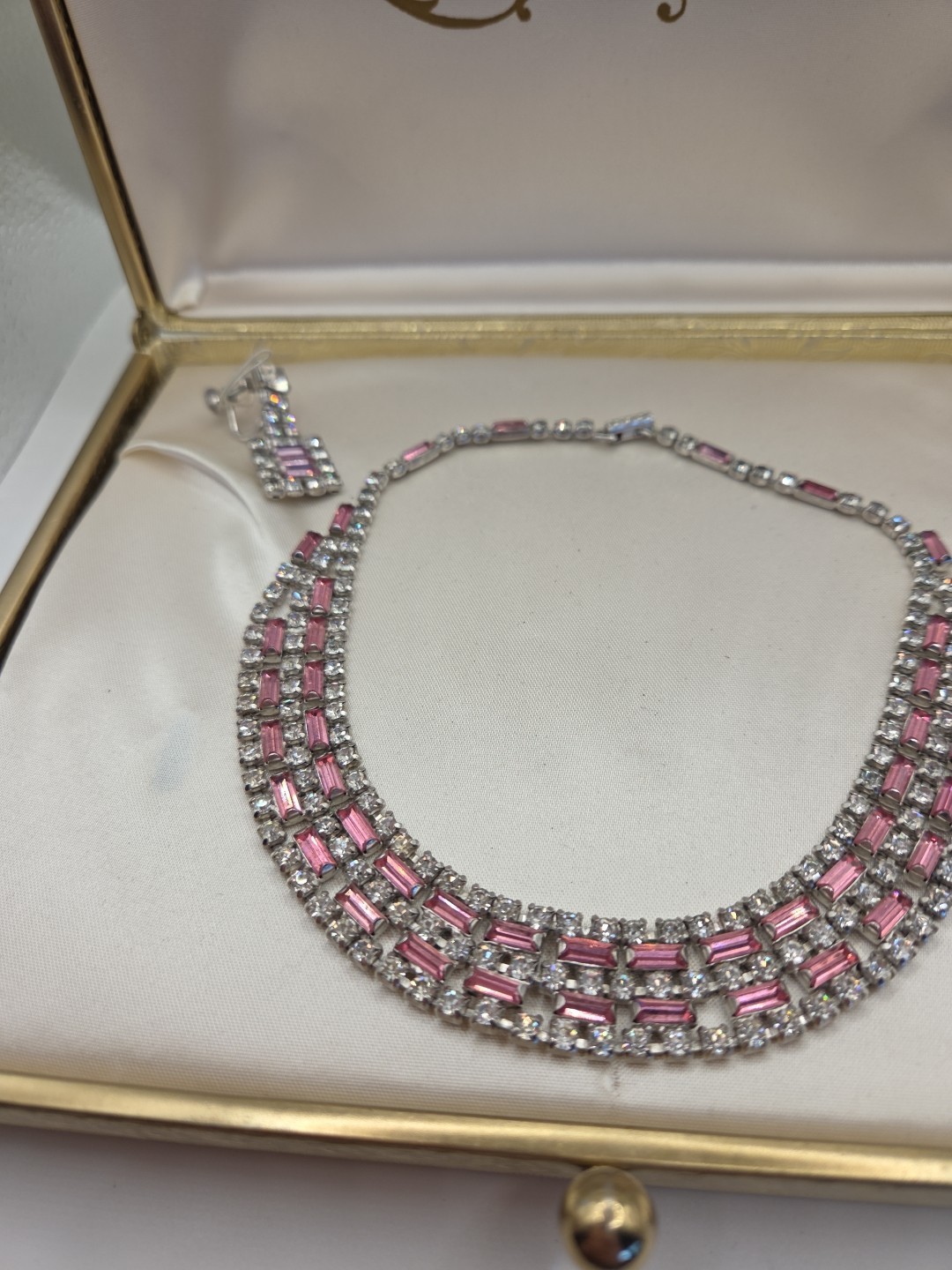 La Roco 1950’s Triple Row Baguette Collar Crystal Pink White Rhinestone Set Box