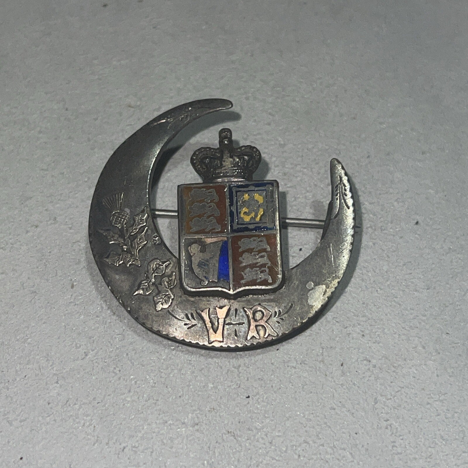 Antique 1886/1887 Queen Victoria Jubilee Sterling Silver Pin Enamel VR