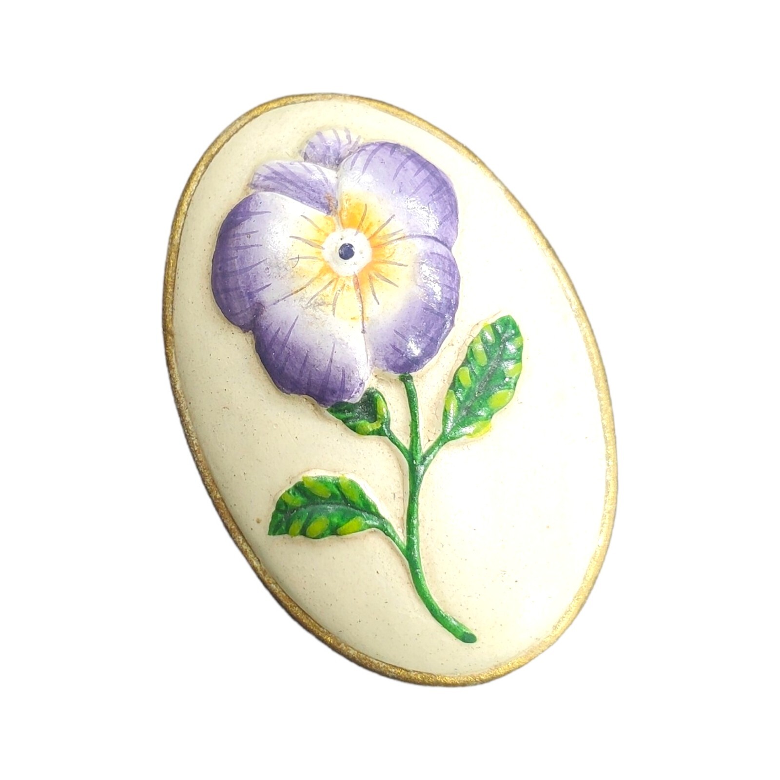 Vintage Pansy Flower Brooch Pin Oval Purple Cream Gold Tone 1-3/8″ Green