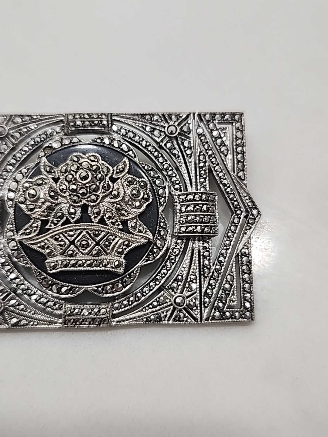 Sterling Silver Black Onyx & Marcasite Art-Deco Pin Brooch 21.4g 2 1/8 X 1 1/4″