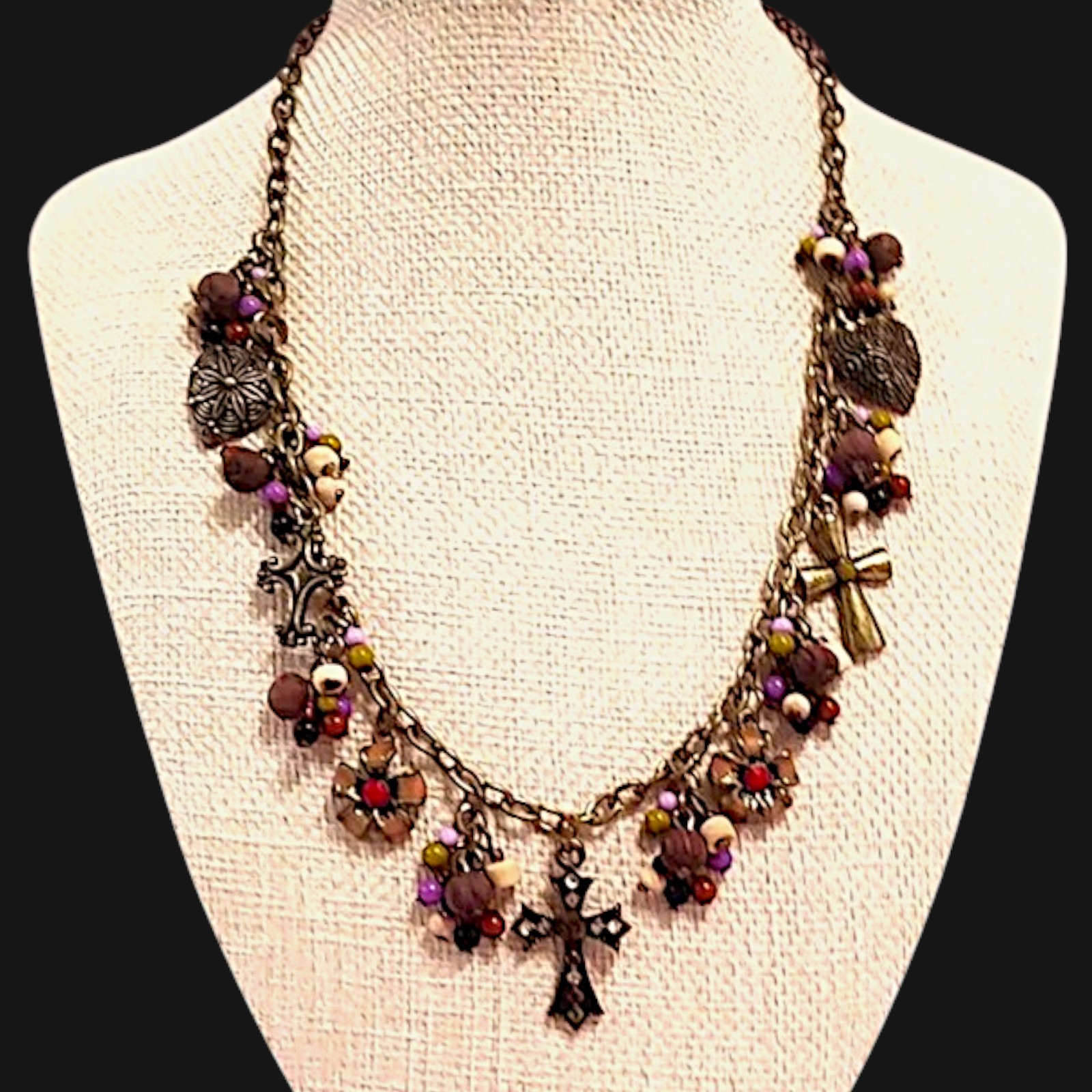 VTG 80s Madonna Heirloom Style Cross Charm Statement Necklace 19″