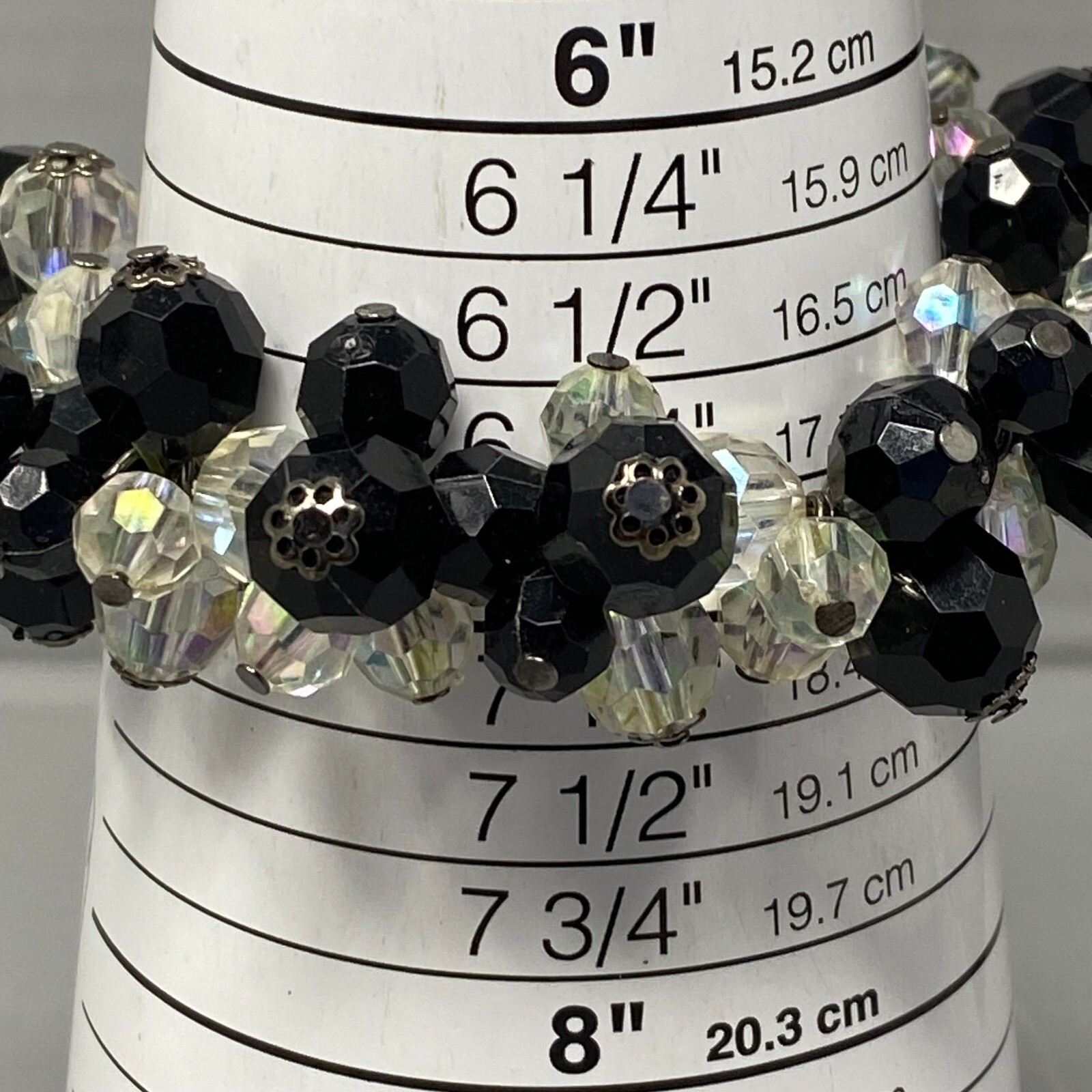 Bead Cluster Bracelet Black Clear Aurora Borealis Acrylic Faceted Stretch 7″