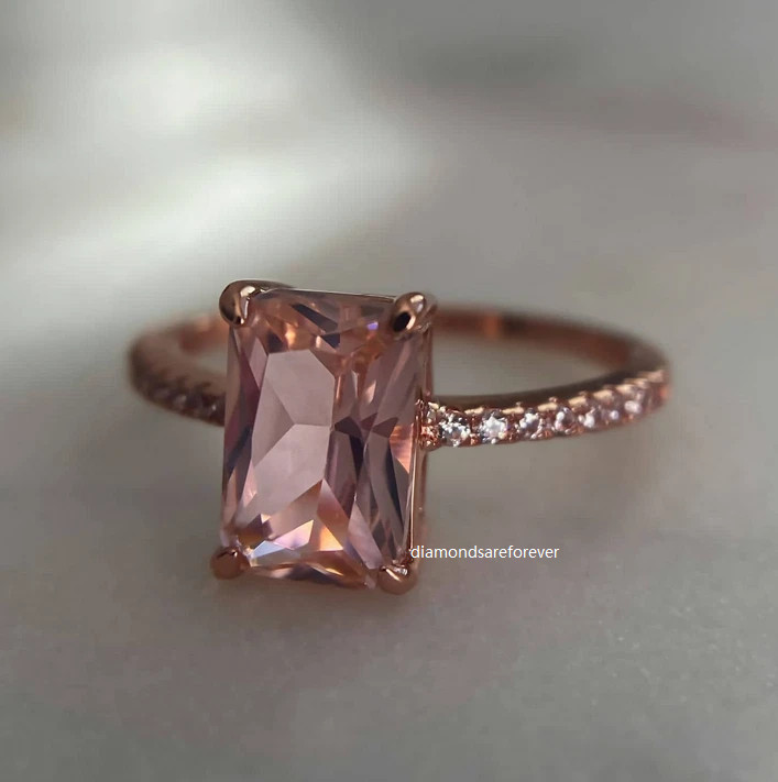 Pink Tourmaline Emerald & Round Cut 2.60CT Moissanites In 10K Rose Gold FN Ring