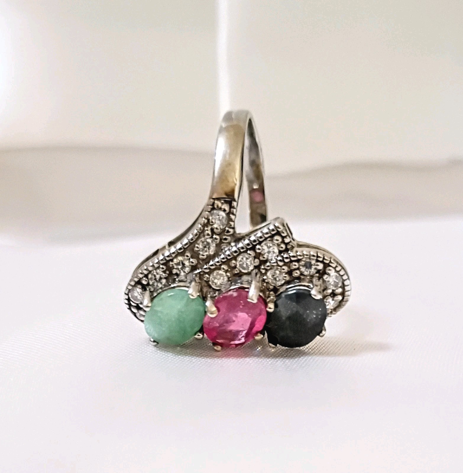 Vintage Natural Emerald Ruby Sapphire CZ Estate Statement Swirl Ring 8.5