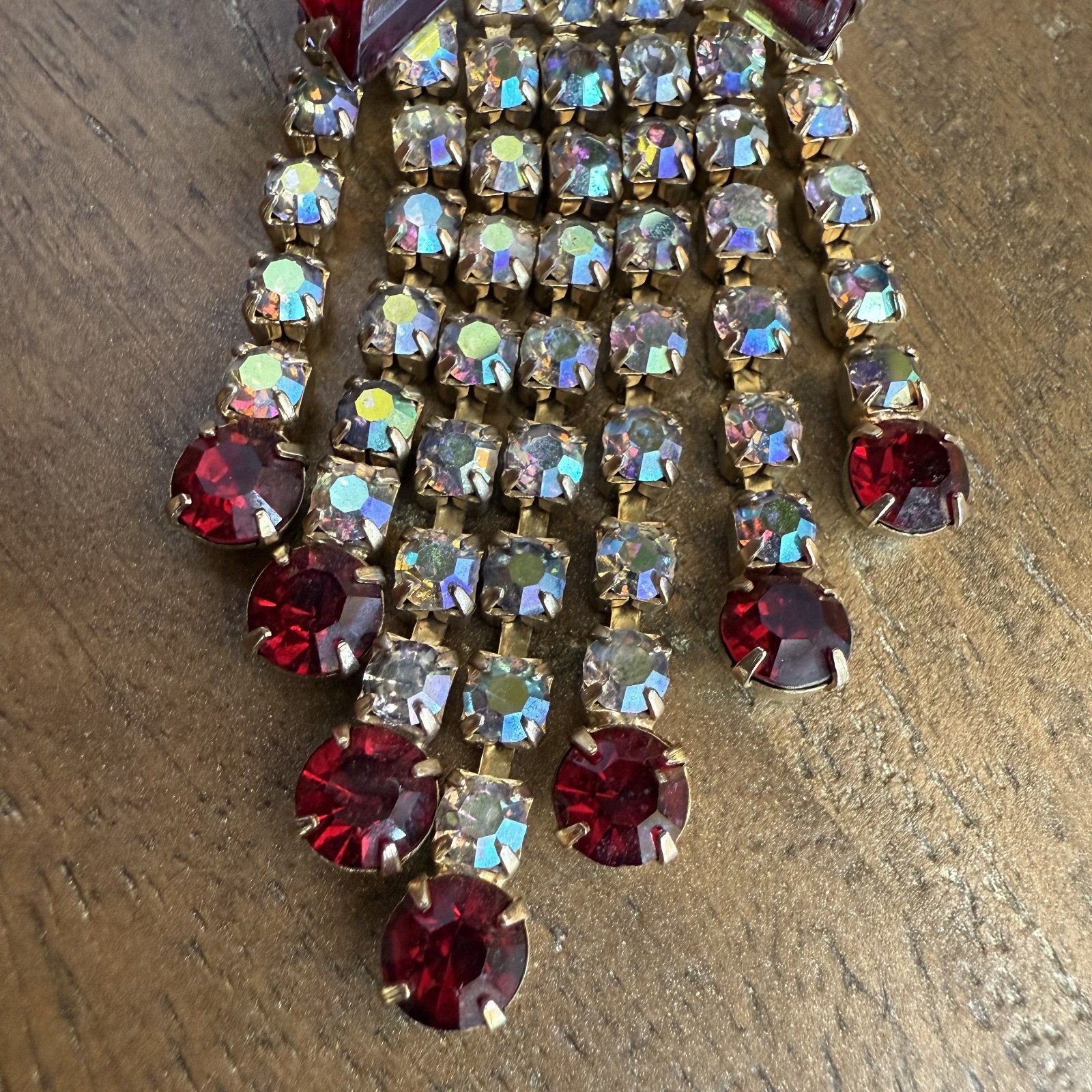 Vintage Brooch Ruby Red with AB Rhinestones Dangles