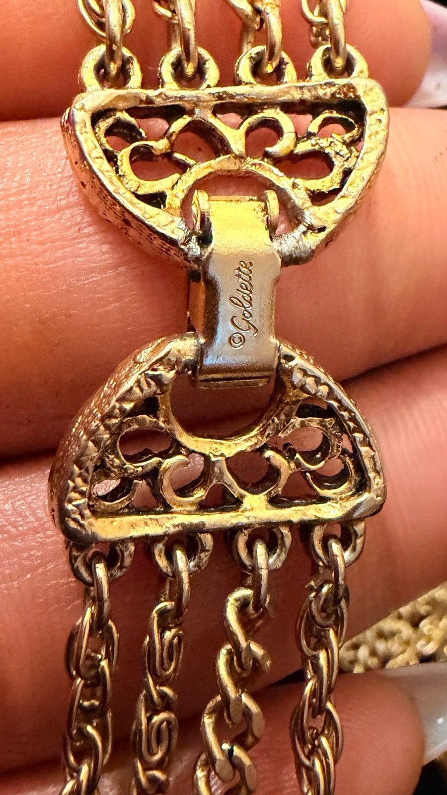 Vintage Goldette Multi-Strand Necklace with Intaglio Cameo Fob and Oval Locket