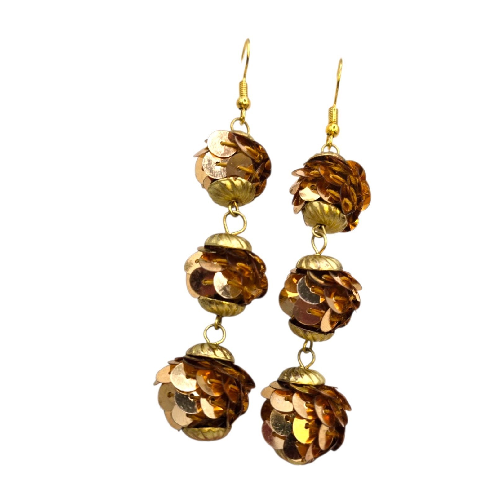 Pierced Earrings Vintage Sequins Gold Tone Three Tier Ball Dangle Retro Fashion