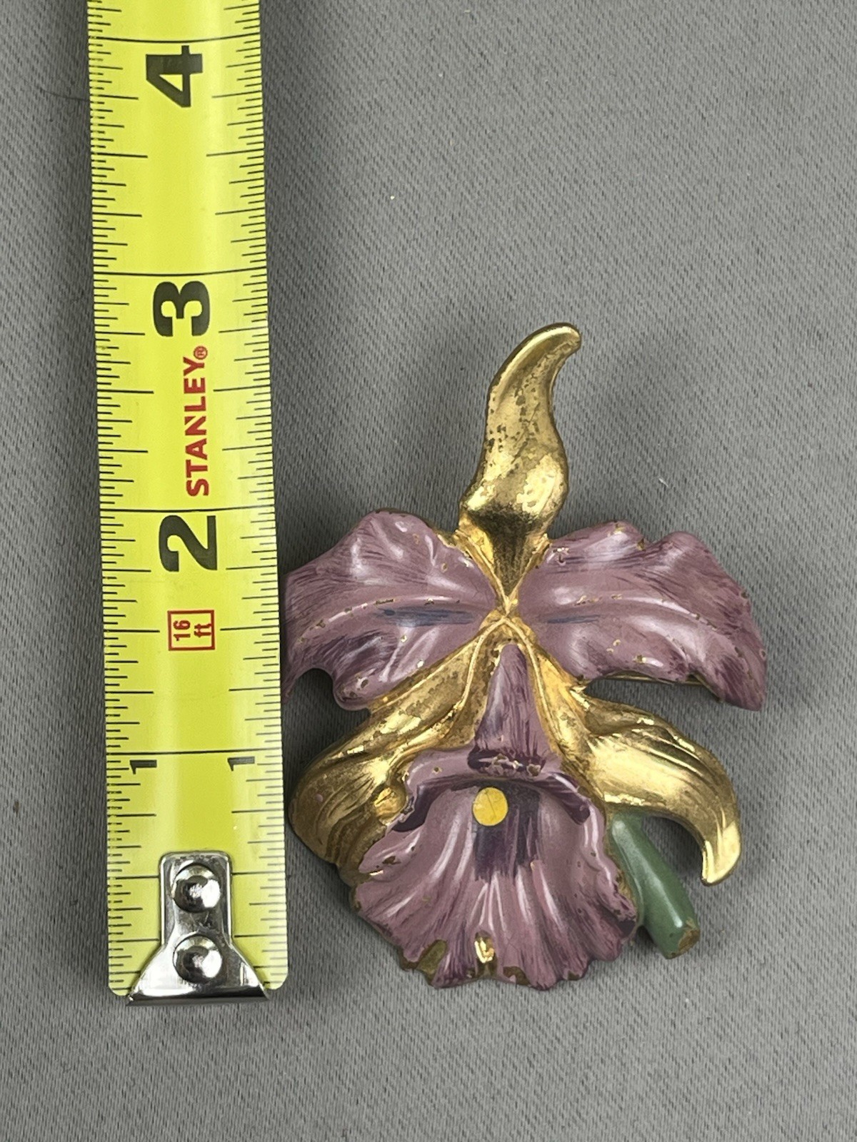 Vintage Orchid Brooch Purple Gold-Tone 1950s Flower Pin Corsage Brooch Painted