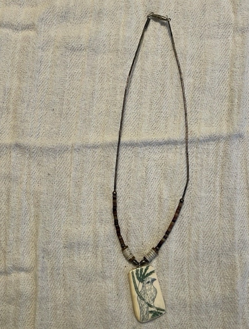 Bird On Fir Tree 1.5” Scrimshaw Necklace Vintage Heishi & Silver Tube beads 17”