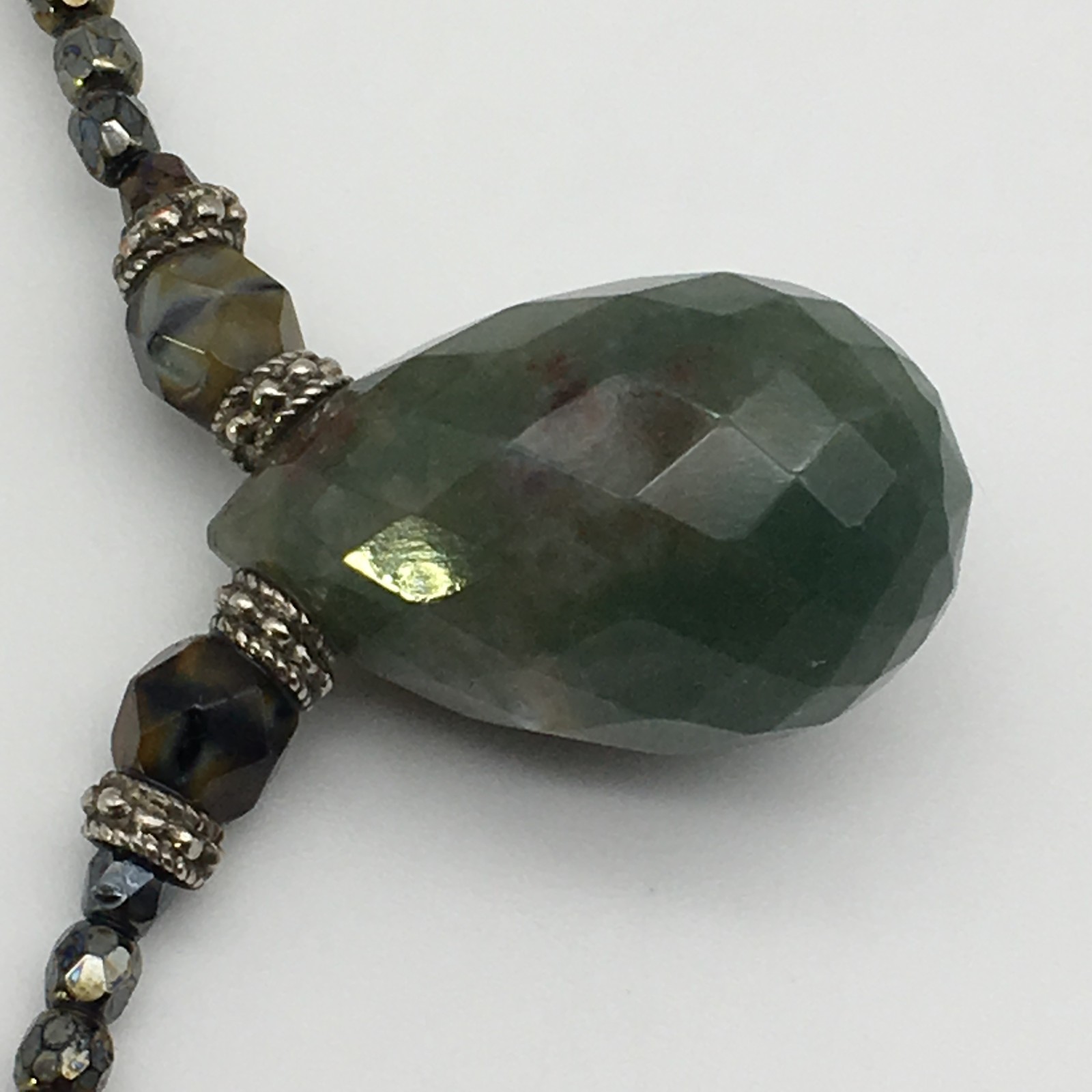 Vintage Blood Stone Pendant Crystal Hematite Czech Beads Sterling 16″ Necklace