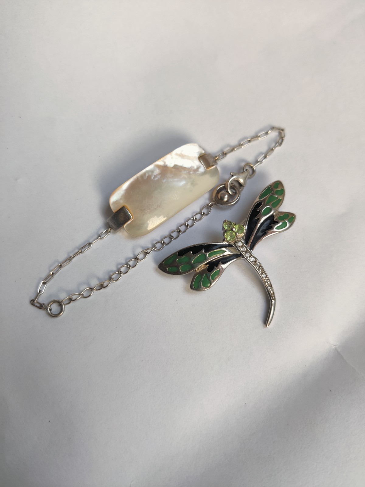 925 Sterling Silver Dragonfly Brooch & Mother of Pearl Bracelet | DBJ & Misaki
