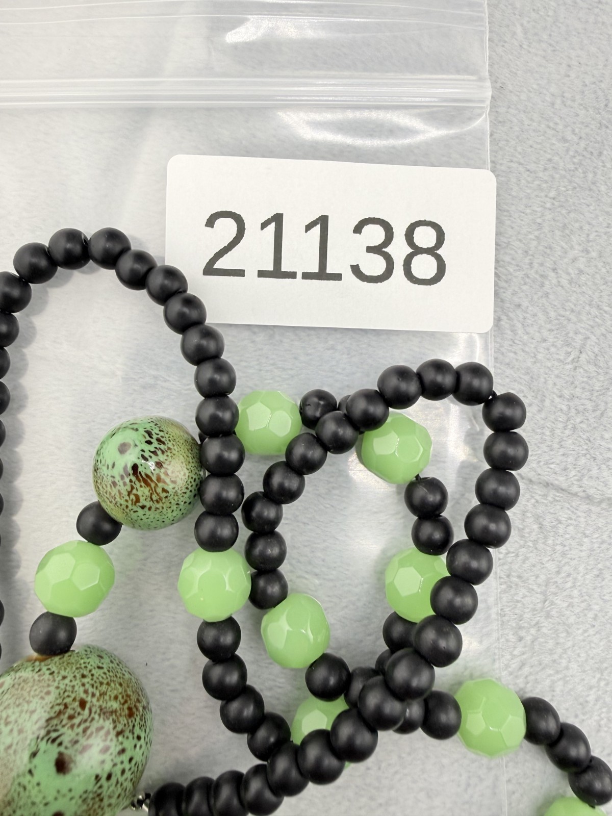 Vintage Beaded Necklace Black Green Glass Stone Silver Tone Alien 24″